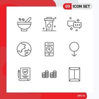 Mobile Interface Outline Set of 9 Pictograms of geography earth drink email chatting Editable Vector Design Elements