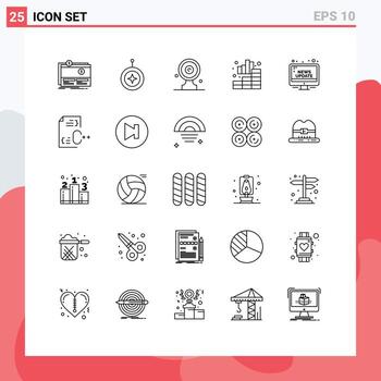 Paquete de 25 líneas de interfaz de usuario de signos y símbolos modernos de los elementos de diseño de vectores editables de los medios de comunicación de la placa de destino del escudo de análisis gráfico