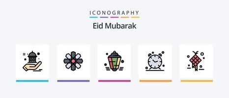 La línea eid mubarak llenó un paquete de 5 íconos que incluye la cena. plato. musulmán. decoración. estampilla. diseño de iconos creativos vector