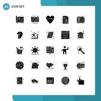 Set of 25 Vector Solid Glyphs on Grid for education e book cardiogram book business paper Editable Vector Design Elements