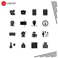 Mobile Interface Solid Glyph Set of 16 Pictograms of pin location cellphone mobile pause Editable Vector Design Elements