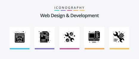 paquete de iconos de glifo 5 de diseño y desarrollo web que incluye . web. llave inglesa. configuración. archivos diseño de iconos creativos vector