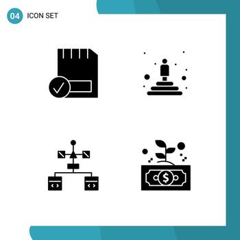 grupo de 4 signos y símbolos de glifos sólidos para dispositivos de aplicaciones de tarjetas que codifican elementos de diseño de vectores editables