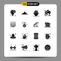 Set of 16 Commercial Solid Glyphs pack for flame candle mountain multimedia balloon Editable Vector Design Elements