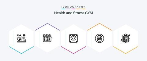 Gym 25 Line icon pack including note. board. scale. no. eat vector