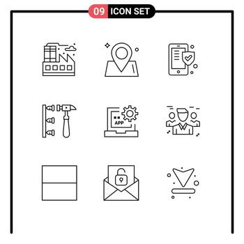 9 esquemas universales establecidos para aplicaciones web y móviles desarrollan seguros de aplicaciones elementos de diseño de vectores editables erróneamente ineficientes