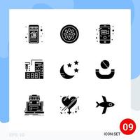 Group of 9 Modern Solid Glyphs Set for moon home camera fabrication architecture Editable Vector Design Elements