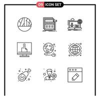 Pack of 9 creative Outlines of desktop computer wireframe communication seminar Editable Vector Design Elements