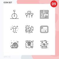 Group of 9 Modern Outlines Set for fire love paint firework up Editable Vector Design Elements