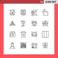 16 User Interface Outline Pack of modern Signs and Symbols of camp gesture system finger palm Editable Vector Design Elements