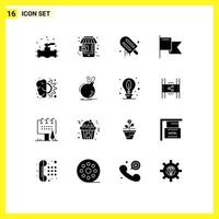 Group of 16 Modern Solid Glyphs Set for gear brain icecream mark country Editable Vector Design Elements