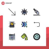 Pack of 9 Modern Filledline Flat Colors Signs and Symbols for Web Print Media such as multimedia direction pin arrow disk Editable Vector Design Elements