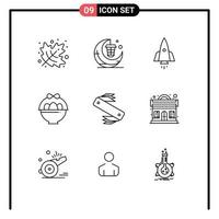 Pack of 9 Modern Outlines Signs and Symbols for Web Print Media such as army easter rocket egg travel Editable Vector Design Elements