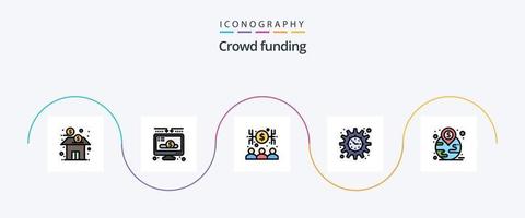 la línea de crowdfunding llenó el paquete de iconos flat 5, incluido el financiero. línea de tiempo donar. proyecto. dinero vector