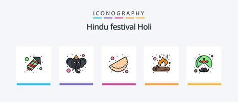Holi Line Filled 5 Icon Pack Including party. music. holi. drum. pattern. Creative Icons Design vector