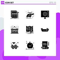 Group of 9 Modern Solid Glyphs Set for map open help board service Editable Vector Design Elements