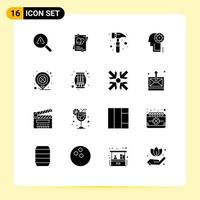 Pack of 16 Modern Solid Glyphs Signs and Symbols for Web Print Media such as location day claw hammer head cogwheel Editable Vector Design Elements