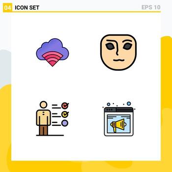 Editable Vector Line Pack of 4 Simple Filledline Flat Colors of cloud job skills signal thoughtful browser Editable Vector Design Elements