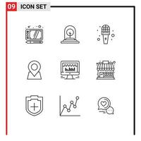 Group of 9 Outlines Signs and Symbols for server pin mic marker location Editable Vector Design Elements