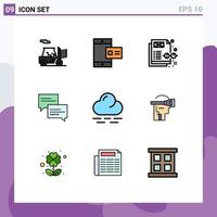 grupo de 9 signos y símbolos de colores planos de línea rellena para elementos de diseño de vectores editables de mensajes de nube de contenido cálido virtual