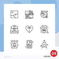 Modern Set of 9 Outlines Pictograph of heart school cable backbag graph Editable Vector Design Elements