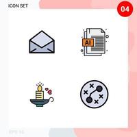 Mobile Interface Filledline Flat Color Set of 4 Pictograms of email heart open file bacteria Editable Vector Design Elements