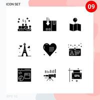 9 User Interface Solid Glyph Pack of modern Signs and Symbols of celebration heart service love pin Editable Vector Design Elements