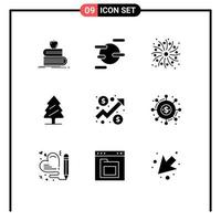 Universal Icon Symbols Group of 9 Modern Solid Glyphs of dollar analysis fire tree pine Editable Vector Design Elements