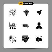Set of 9 Commercial Solid Glyphs pack for stock index idea data computer Editable Vector Design Elements