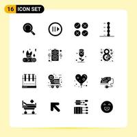 Modern Set of 16 Solid Glyphs Pictograph of fire camp fire cross bonfire car Editable Vector Design Elements