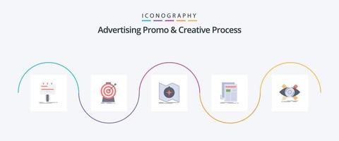 promoción publicitaria y paquete de iconos planos de 5 procesos creativos que incluye noticias. gaceta. objetivo. navegación. mapa vector