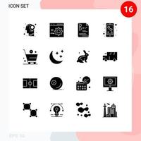 16 User Interface Solid Glyph Pack of modern Signs and Symbols of cart phone programming mobile education Editable Vector Design Elements