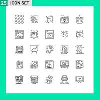 25 User Interface Line Pack of modern Signs and Symbols of cart money music gem day Editable Vector Design Elements