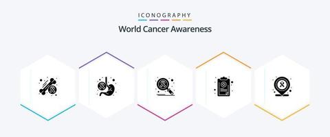 paquete de iconos de 25 glifos de conciencia mundial sobre el cáncer, incluido el médico. controlar. estómago. cuadro. buscar vector