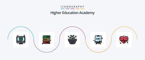 Paquete de 5 íconos planos llenos de la línea de la academia que incluye la frecuencia cardíaca. aprendiendo. educación. junta. volcán vector