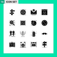 Modern Set of 16 Solid Glyphs Pictograph of search bug address password lock Editable Vector Design Elements