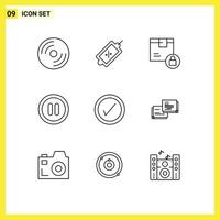 9 User Interface Outline Pack of modern Signs and Symbols of tick pause tag interface product Editable Vector Design Elements