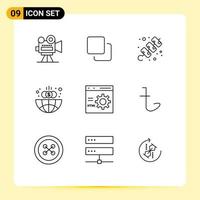 Set of 9 Vector Outlines on Grid for coding globe camping global business Editable Vector Design Elements