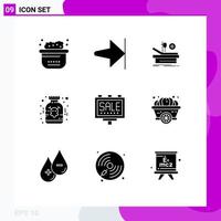 Pack of 9 Modern Solid Glyphs Signs and Symbols for Web Print Media such as marketing advertising theater medicine medical Editable Vector Design Elements