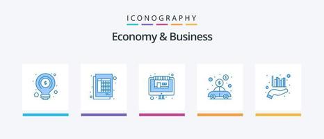 Economy And Business Blue 5 Icon Pack Including business. money. market. investment. car. Creative Icons Design vector