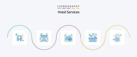 Paquete de 5 iconos azules de servicios de hotel que incluye puerta. recepción. servicio. gerente. gerente masculino vector