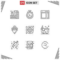 9 Thematic Vector Outlines and Editable Symbols of worldwide internet interface communication flower Editable Vector Design Elements