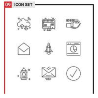 Group of 9 Outlines Signs and Symbols for open mail marketing business heart Editable Vector Design Elements