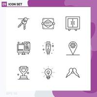 Pack of 9 Modern Outlines Signs and Symbols for Web Print Media such as cable files cupboard programming coding Editable Vector Design Elements