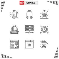 Stock Vector Icon Pack of 9 Line Signs and Symbols for hosting center data center suitcase school bag Editable Vector Design Elements