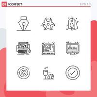 Editable Vector Line Pack of 9 Simple Outlines of laptop computer easter game shop Editable Vector Design Elements