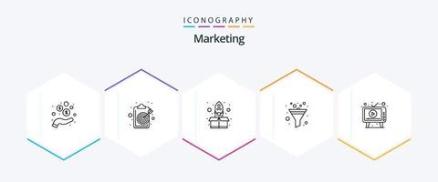 paquete de iconos de 25 líneas de marketing que incluye publicidad. clasificar. objetivo. embudo. paquete vector