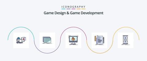 Game Design And Game Development Line Filled Flat 5 Icon Pack Including file. code. texture. sketch. dimensional vector