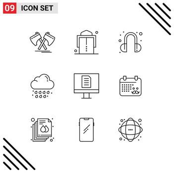 Set of 9 Vector Outlines on Grid for office computer headset weather drop Editable Vector Design Elements