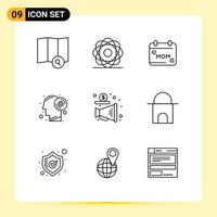 Set of 9 Modern UI Icons Symbols Signs for megaphone productivity calendar thinking disc Editable Vector Design Elements